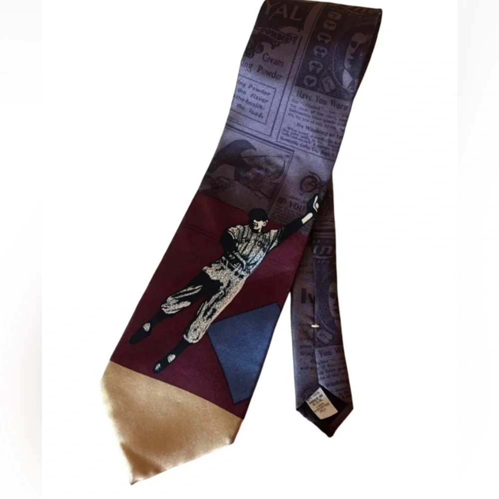 Vintage Resilio silk necktie with baseball player and old advertisements